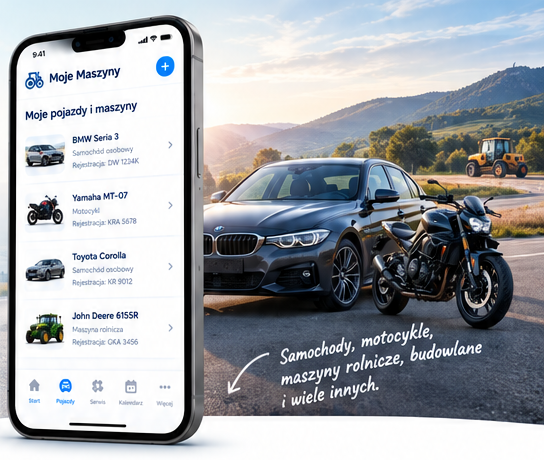 Telefon z aplikacją Moje Maszyny na tle samochodu, motocykla i krajobrazu