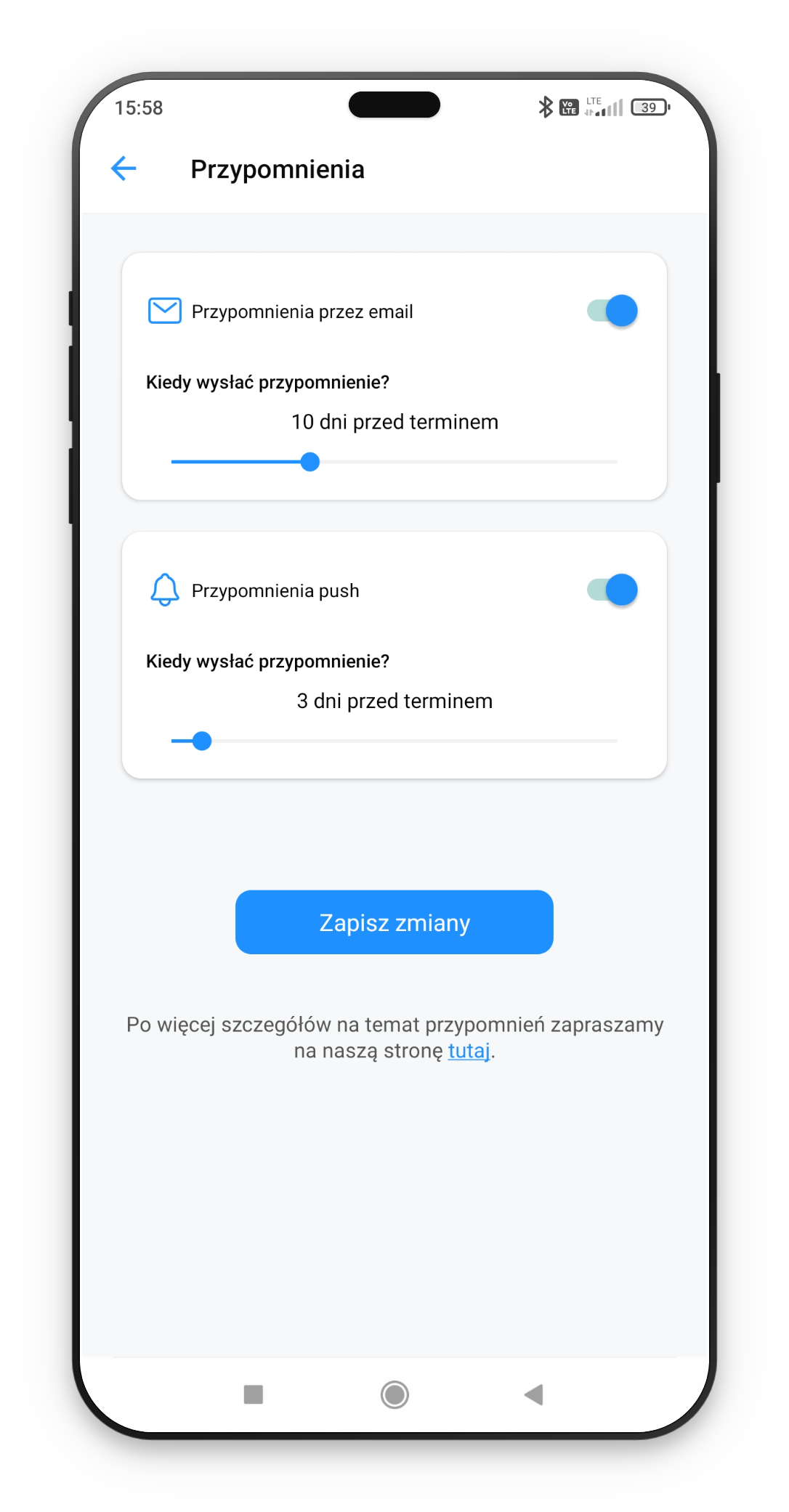 Ustawienia przypomnień e-mail i push w aplikacji
